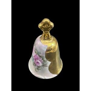 Vtg Small Hand China Painted Porcelain Bell Pink Roses Flowers & Gold Gilding